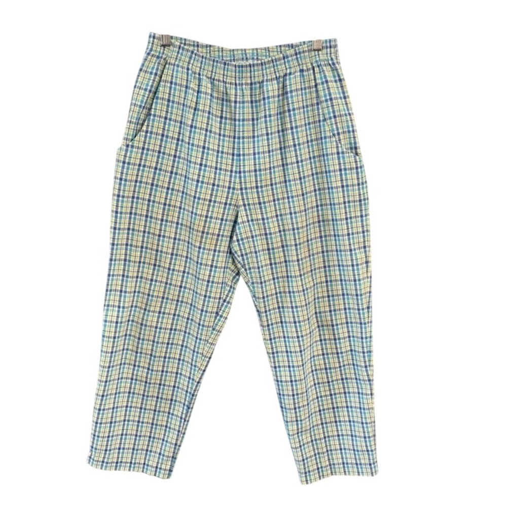 Andrew McMullan Vintage Blue Green Plaid Seersucker Elastic 8P Pants USA Made
